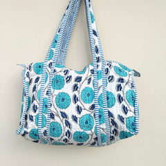 Quilted Duffle Tote Shoulder Patch Bag Cotton Handprint Floral Eco friendly Sustainable bag, Yoga Shopping Beach Artist Boho Weekend bag - 2