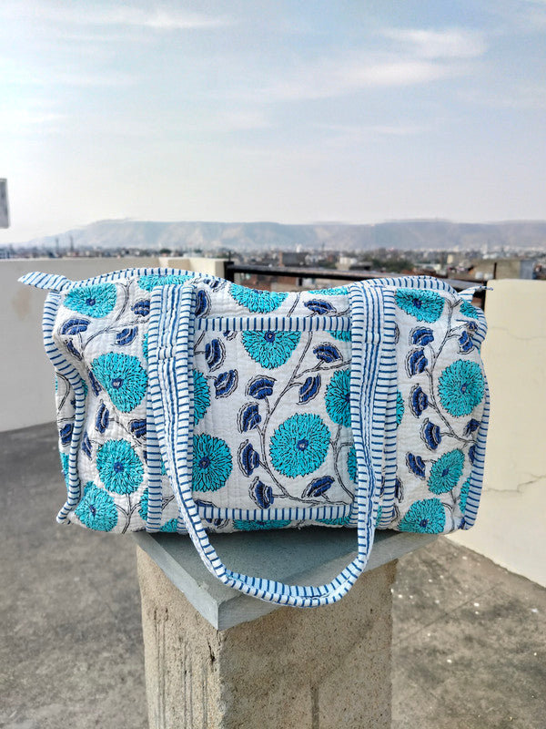 Quilted Duffle Tote Shoulder Patch Bag Cotton Handprint Floral Eco friendly Sustainable bag, Yoga Shopping Beach Artist Boho Weekend bag - 2