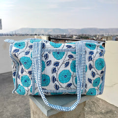 Quilted Duffle Tote Shoulder Patch Bag Cotton Handprint Floral Eco friendly Sustainable bag, Yoga Shopping Beach Artist Boho Weekend bag - 2