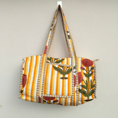 Quilted Duffle Tote Shoulder Patch Bag Cotton Handprint Floral Eco friendly Sustainable bag, Yoga Shopping Beach Artist Boho Weekend bag - 1