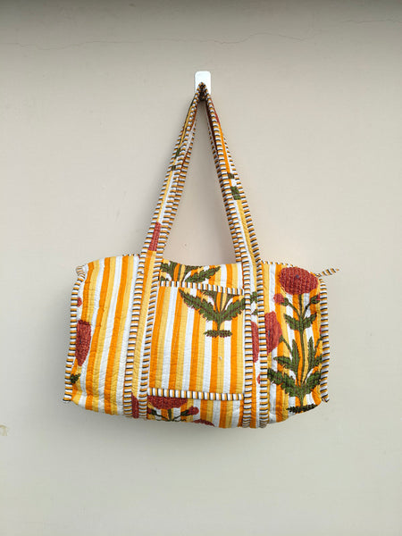 Quilted Duffle Tote Shoulder Patch Bag Cotton Handprint Floral Eco friendly Sustainable bag, Yoga Shopping Beach Artist Boho Weekend bag - 1