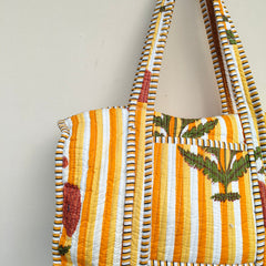 Quilted Duffle Tote Shoulder Patch Bag Cotton Handprint Floral Eco friendly Sustainable bag, Yoga Shopping Beach Artist Boho Weekend bag - 1