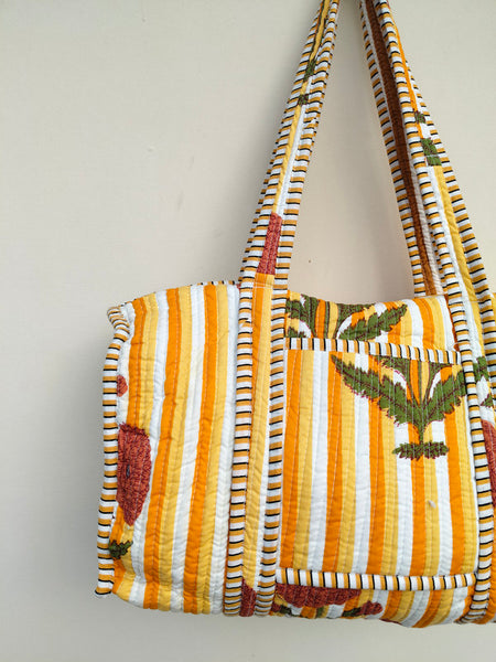 Quilted Duffle Tote Shoulder Patch Bag Cotton Handprint Floral Eco friendly Sustainable bag, Yoga Shopping Beach Artist Boho Weekend bag - 1