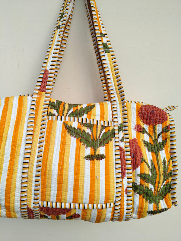 Quilted Duffle Tote Shoulder Patch Bag Cotton Handprint Floral Eco friendly Sustainable bag, Yoga Shopping Beach Artist Boho Weekend bag - 1