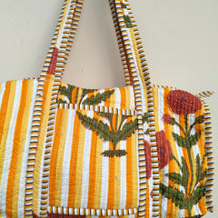 Quilted Duffle Tote Shoulder Patch Bag Cotton Handprint Floral Eco friendly Sustainable bag, Yoga Shopping Beach Artist Boho Weekend bag - 1