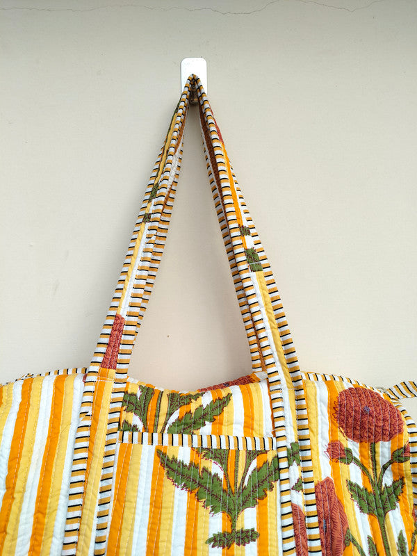 Quilted Duffle Tote Shoulder Patch Bag Cotton Handprint Floral Eco friendly Sustainable bag, Yoga Shopping Beach Artist Boho Weekend bag - 1