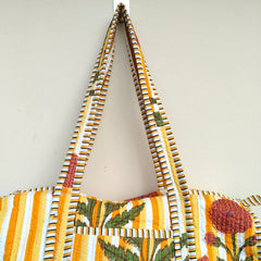 Quilted Duffle Tote Shoulder Patch Bag Cotton Handprint Floral Eco friendly Sustainable bag, Yoga Shopping Beach Artist Boho Weekend bag - 1