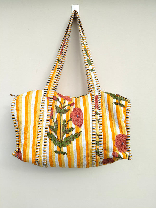 Quilted Duffle Tote Shoulder Patch Bag Cotton Handprint Floral Eco friendly Sustainable bag, Yoga Shopping Beach Artist Boho Weekend bag - 1