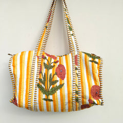 Quilted Duffle Tote Shoulder Patch Bag Cotton Handprint Floral Eco friendly Sustainable bag, Yoga Shopping Beach Artist Boho Weekend bag - 1