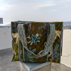 Quilted cotton handprinted reversible large floral patch work stripe tote bag eco friendly Sturdy Grocery Shopping Artist Boho - 39