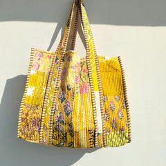 Quilted Cotton Handprinted Reversible Large Soft Yellow Floral Tote Bag Eco friendly Sustainable Sturdy Grocery Shopping Handmade Art Boho - 2