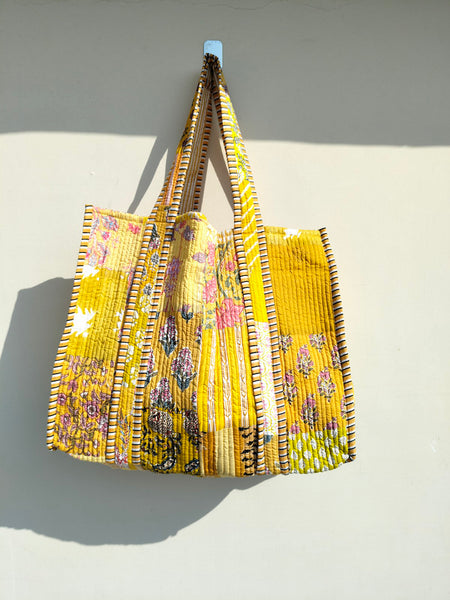 Quilted Cotton Handprinted Reversible Large Soft Yellow Floral Tote Bag Eco friendly Sustainable Sturdy Grocery Shopping Handmade Art Boho - 2