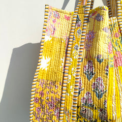 Quilted Cotton Handprinted Reversible Large Soft Yellow Floral Tote Bag Eco friendly Sustainable Sturdy Grocery Shopping Handmade Art Boho - 2