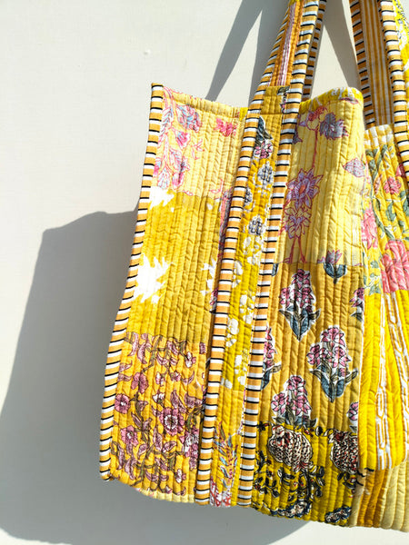 Quilted Cotton Handprinted Reversible Large Soft Yellow Floral Tote Bag Eco friendly Sustainable Sturdy Grocery Shopping Handmade Art Boho - 2