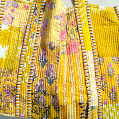 Quilted Cotton Handprinted Reversible Large Soft Yellow Floral Tote Bag Eco friendly Sustainable Sturdy Grocery Shopping Handmade Art Boho - 2