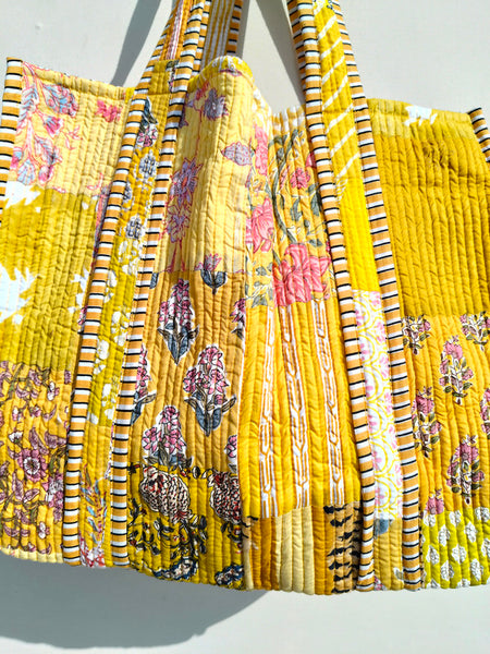 Quilted Cotton Handprinted Reversible Large Soft Yellow Floral Tote Bag Eco friendly Sustainable Sturdy Grocery Shopping Handmade Art Boho - 2