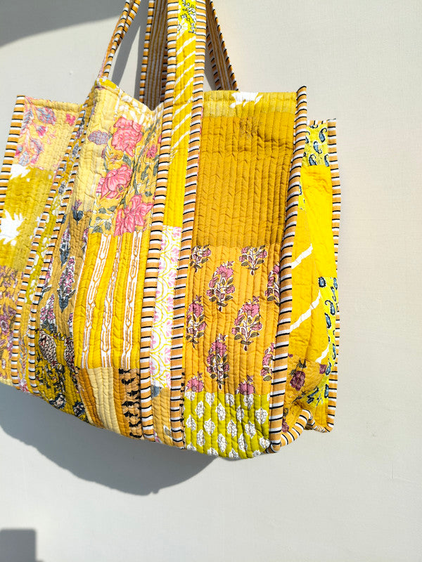 Quilted Cotton Handprinted Reversible Large Soft Yellow Floral Tote Bag Eco friendly Sustainable Sturdy Grocery Shopping Handmade Art Boho - 2