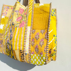 Quilted Cotton Handprinted Reversible Large Soft Yellow Floral Tote Bag Eco friendly Sustainable Sturdy Grocery Shopping Handmade Art Boho - 2
