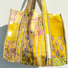 Quilted Cotton Handprinted Reversible Large Soft Yellow Floral Tote Bag Eco friendly Sustainable Sturdy Grocery Shopping Handmade Art Boho - 2
