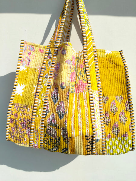 Quilted Cotton Handprinted Reversible Large Soft Yellow Floral Tote Bag Eco friendly Sustainable Sturdy Grocery Shopping Handmade Art Boho - 2