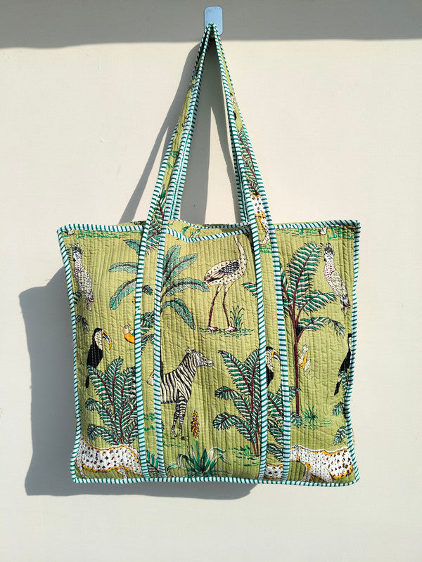 Quilted Cotton Handprinted Reversible Large Soft Yellow Floral Tote Bag Eco friendly Sustainable Sturdy Grocery Shopping Handmade Art Boho - 1