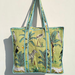 Quilted Cotton Handprinted Reversible Large Soft Yellow Floral Tote Bag Eco friendly Sustainable Sturdy Grocery Shopping Handmade Art Boho - 1