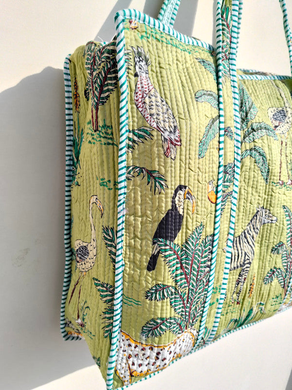 Quilted Cotton Handprinted Reversible Large Soft Yellow Floral Tote Bag Eco friendly Sustainable Sturdy Grocery Shopping Handmade Art Boho - 1