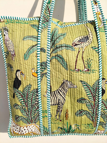 Quilted Cotton Handprinted Reversible Large Soft Yellow Floral Tote Bag Eco friendly Sustainable Sturdy Grocery Shopping Handmade Art Boho - 1