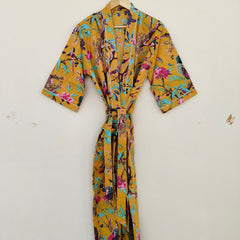 White Ikat Print Cotton Kimono Robe Hand Block Printed Bridesmaid Dressing Gown - 2