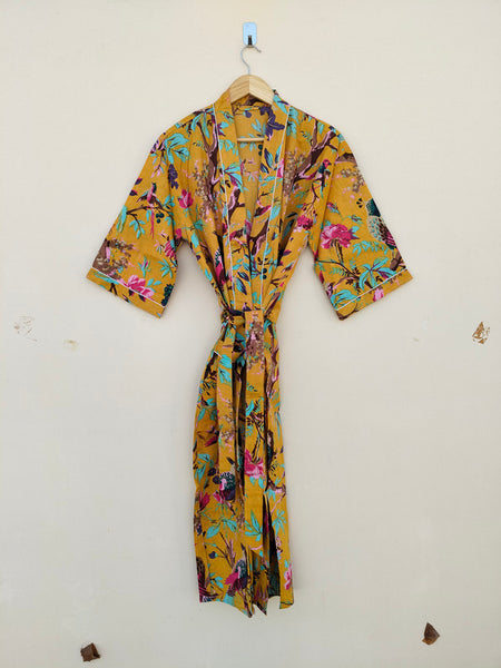 White Ikat Print Cotton Kimono Robe Hand Block Printed Bridesmaid Dressing Gown - 2