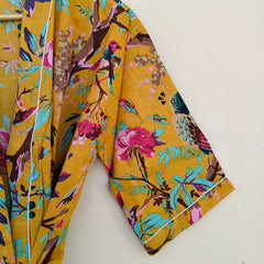 White Ikat Print Cotton Kimono Robe Hand Block Printed Bridesmaid Dressing Gown - 2