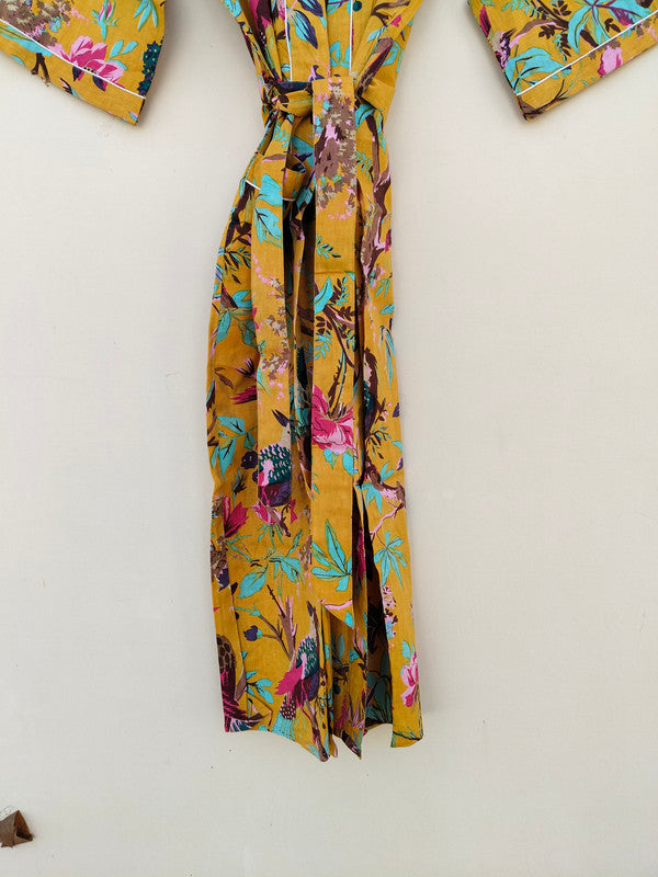 White Ikat Print Cotton Kimono Robe Hand Block Printed Bridesmaid Dressing Gown - 2