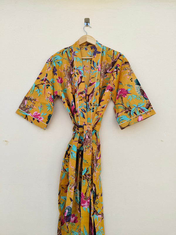 White Ikat Print Cotton Kimono Robe Hand Block Printed Bridesmaid Dressing Gown - 2