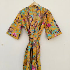 White Ikat Print Cotton Kimono Robe Hand Block Printed Bridesmaid Dressing Gown - 2