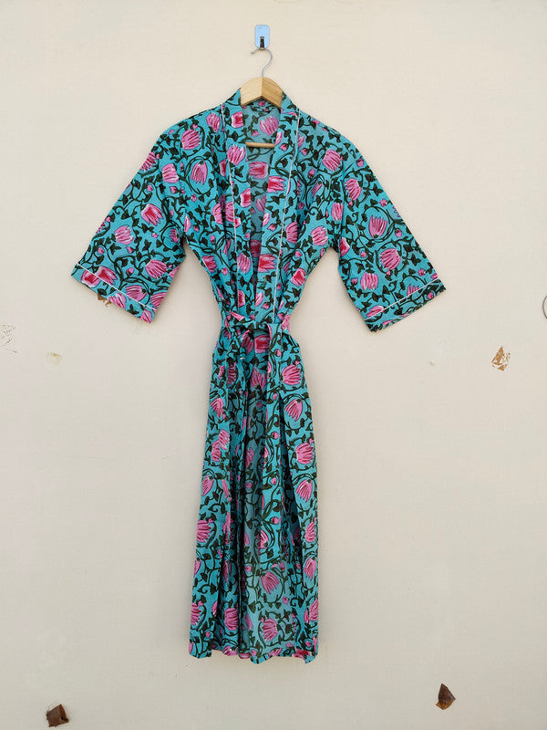 White Ikat Print Cotton Kimono Robe Hand Block Printed Bridesmaid Dressing Gown