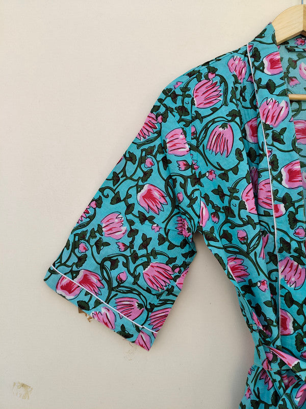 White Ikat Print Cotton Kimono Robe Hand Block Printed Bridesmaid Dressing Gown