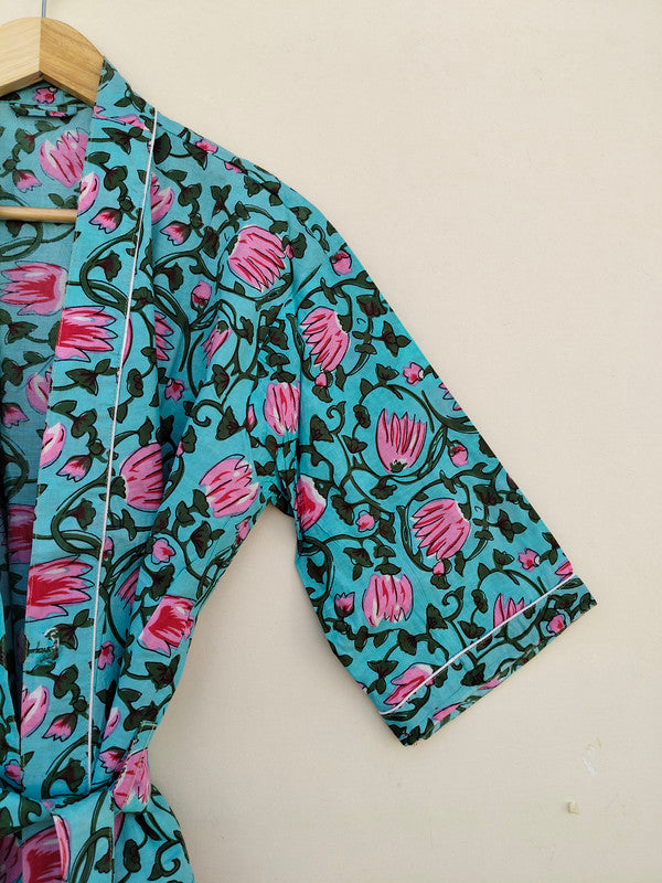 White Ikat Print Cotton Kimono Robe Hand Block Printed Bridesmaid Dressing Gown