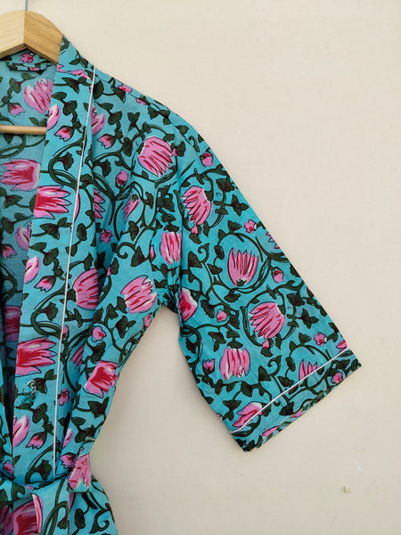 White Ikat Print Cotton Kimono Robe Hand Block Printed Bridesmaid Dressing Gown