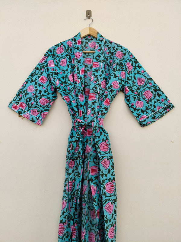 White Ikat Print Cotton Kimono Robe Hand Block Printed Bridesmaid Dressing Gown