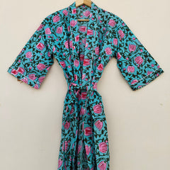 White Ikat Print Cotton Kimono Robe Hand Block Printed Bridesmaid Dressing Gown