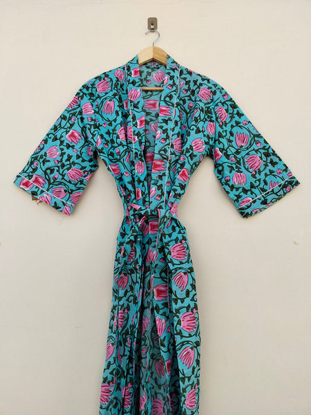 White Ikat Print Cotton Kimono Robe Hand Block Printed Bridesmaid Dressing Gown