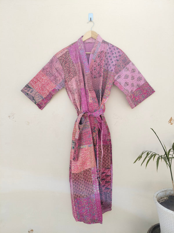 Beautiful Shade Patchwork Handmade Silk Kantha Kimono,Bath Robe,Indian Kantha,Traditional Robe,Bridemade,Longewear/Gift someone Special - 19