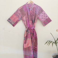 Beautiful Shade Patchwork Handmade Silk Kantha Kimono,Bath Robe,Indian Kantha,Traditional Robe,Bridemade,Longewear/Gift someone Special - 19