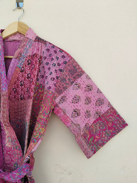 Beautiful Shade Patchwork Handmade Silk Kantha Kimono,Bath Robe,Indian Kantha,Traditional Robe,Bridemade,Longewear/Gift someone Special - 19