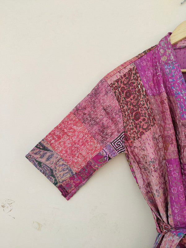 Beautiful Shade Patchwork Handmade Silk Kantha Kimono,Bath Robe,Indian Kantha,Traditional Robe,Bridemade,Longewear/Gift someone Special - 19