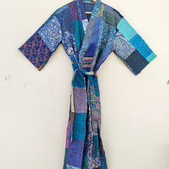 Beautiful Shade Patchwork Handmade Silk Kantha Kimono,Bath Robe,Indian Kantha,Traditional Robe,Bridemade,Longewear/Gift someone Special - 18