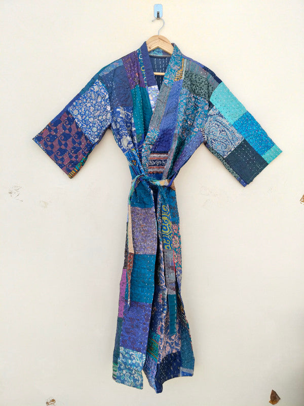 Beautiful Shade Patchwork Handmade Silk Kantha Kimono,Bath Robe,Indian Kantha,Traditional Robe,Bridemade,Longewear/Gift someone Special - 20