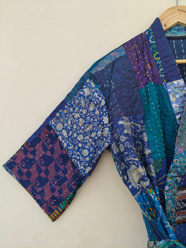 Beautiful Shade Patchwork Handmade Silk Kantha Kimono,Bath Robe,Indian Kantha,Traditional Robe,Bridemade,Longewear/Gift someone Special - 18