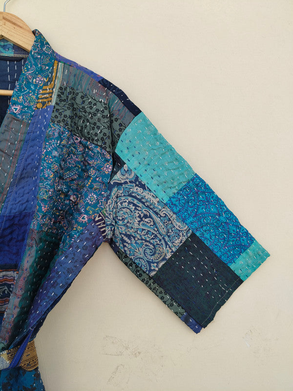 Beautiful Shade Patchwork Handmade Silk Kantha Kimono,Bath Robe,Indian Kantha,Traditional Robe,Bridemade,Longewear/Gift someone Special - 20