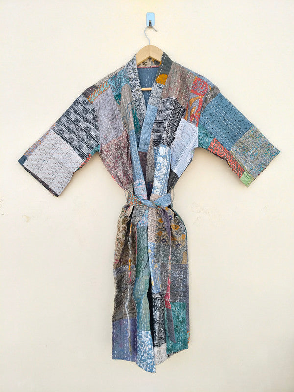 Beautiful Shade Patchwork Handmade Silk Kantha Kimono,Bath Robe,Indian Kantha,Traditional Robe,Bridemade,Longewear/Gift someone Special - 17